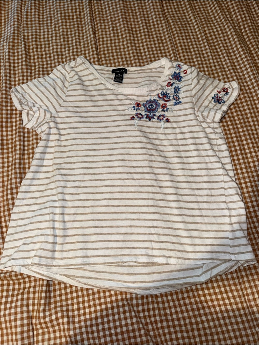 RXB White & Tan Striped Tee with Blue & Pink Floral Embroidery